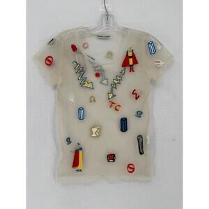 Tsumori Chisato Womens White Mythology Embroidered Sheer Short Sleeve Top Sz 2